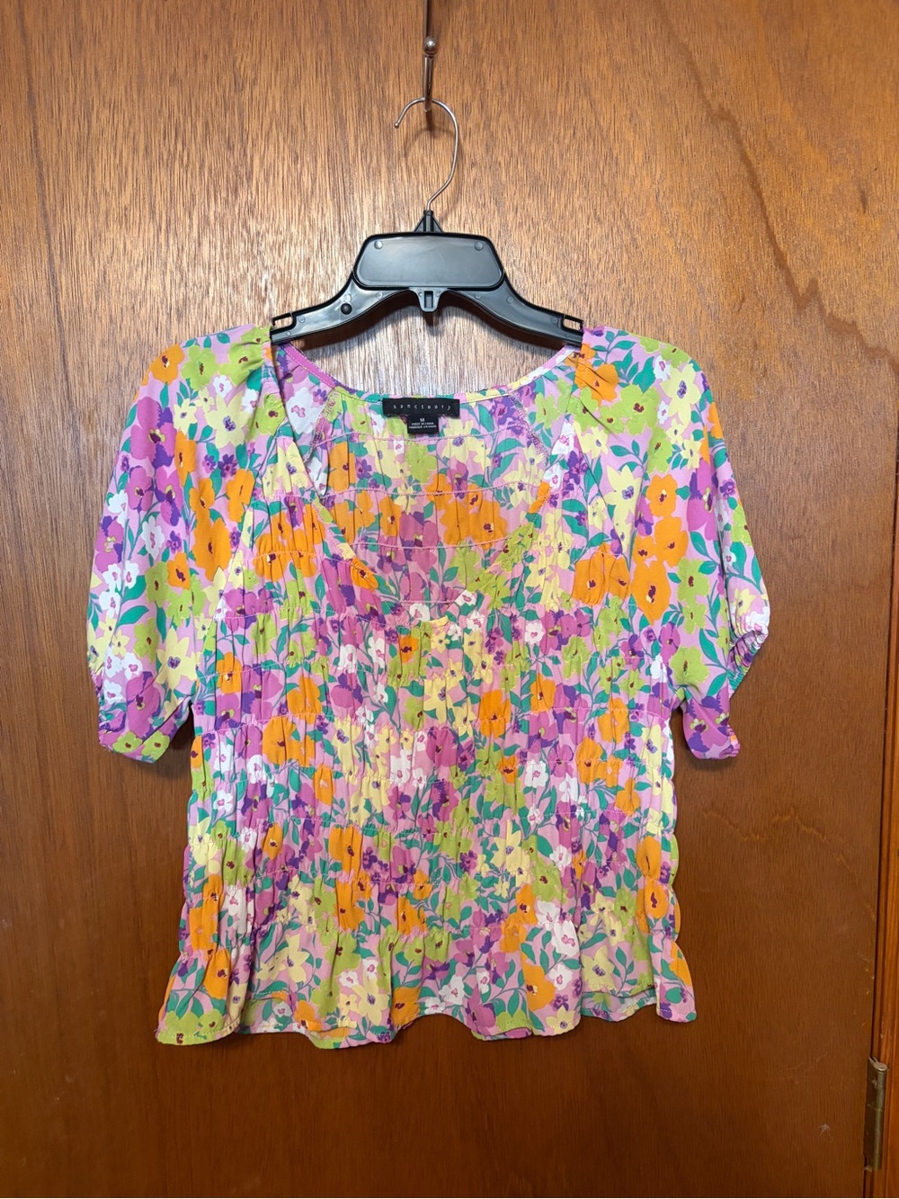 Sanctuary Floral Short-Sleeve Blouse in Purple, Orange, Green, Pink